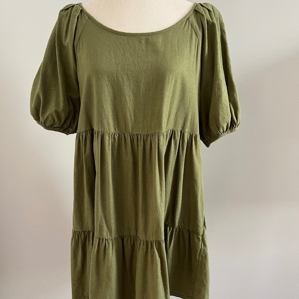 Madewell flannel tunic bubble sleeve dress olive green size Large